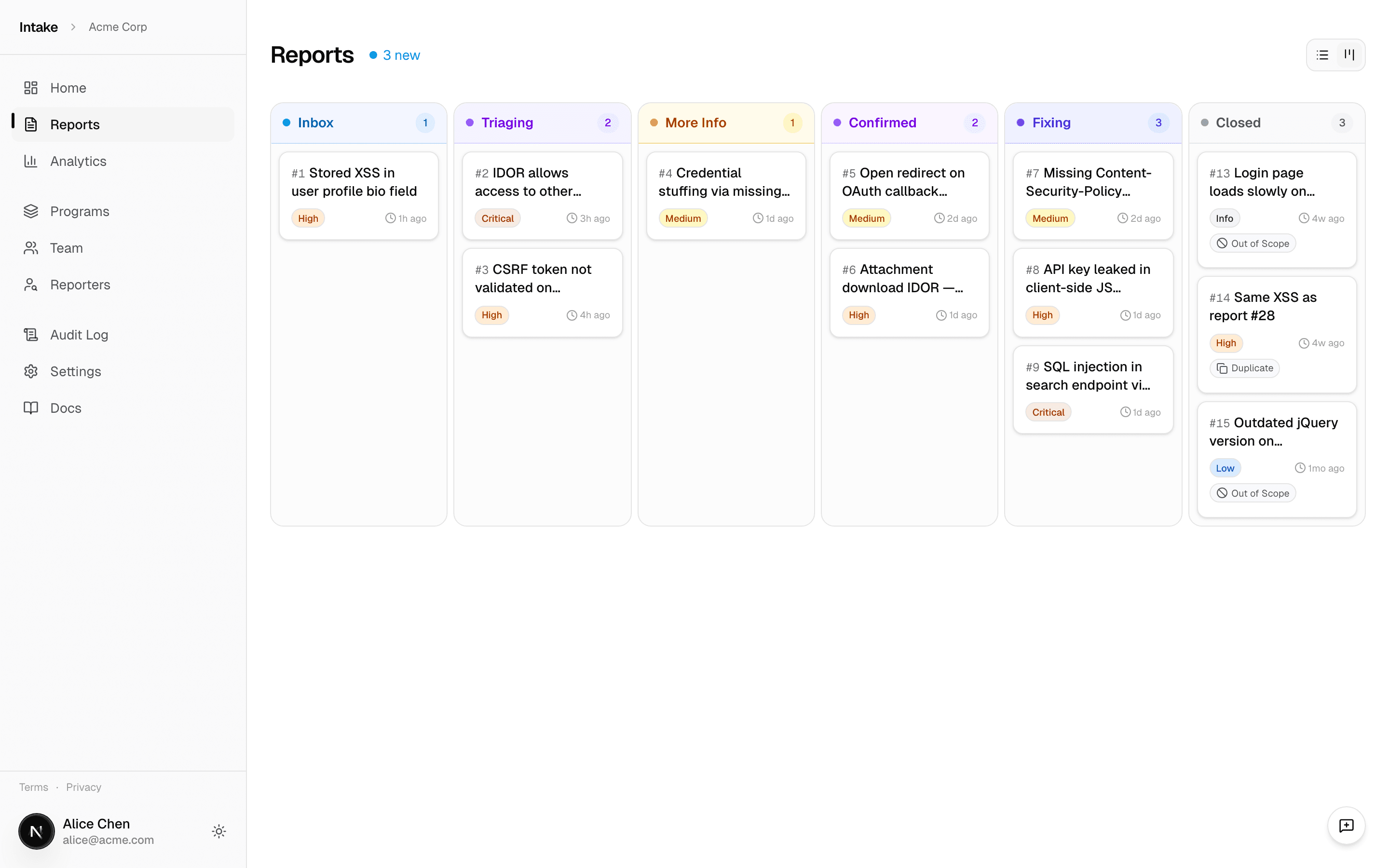 Intake triage dashboard showing vulnerability reports in a Kanban board with severity badges and SLA indicators